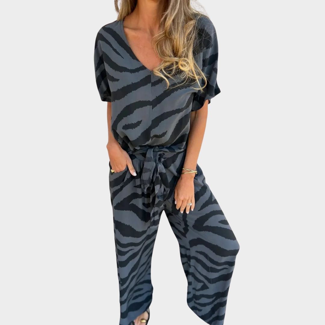 Women Two-Piece Zebra Print Suit – V-Neck Lace-Up Top Wide-Leg Trousers – Lightweight Fit Polyester – Multiple Colours