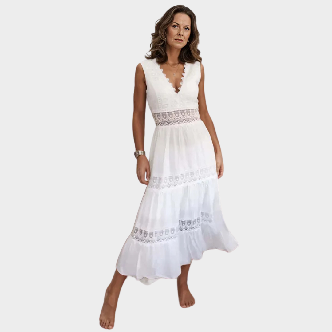Women's Elegant Lace Dress – Sleeveless V-Neck for Chic Occasions - White