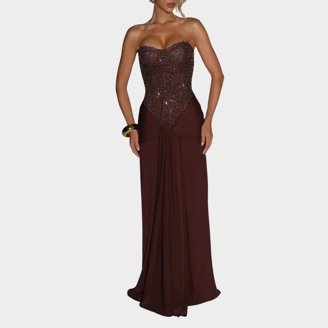 Women’s Off-Shoulder Evening Gown – Luxury Strapless Party Dress with Embellished Mesh Bodice and Slinky Jersey Skirt – Multiple Colours