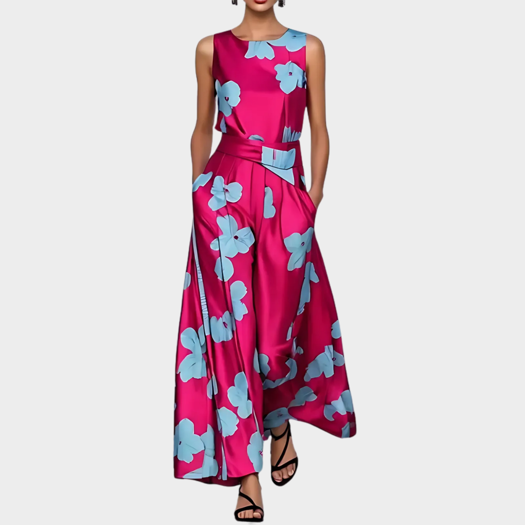Women's Elegant Floral Print Maxi Dress – Round Neck – Sleeveless – Pink
