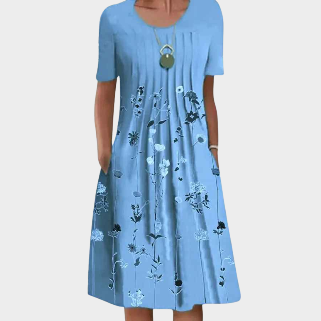 Women's A-Line Midi Dress – Floral Print Round Neck Short Sleeve – Multiple Colours
