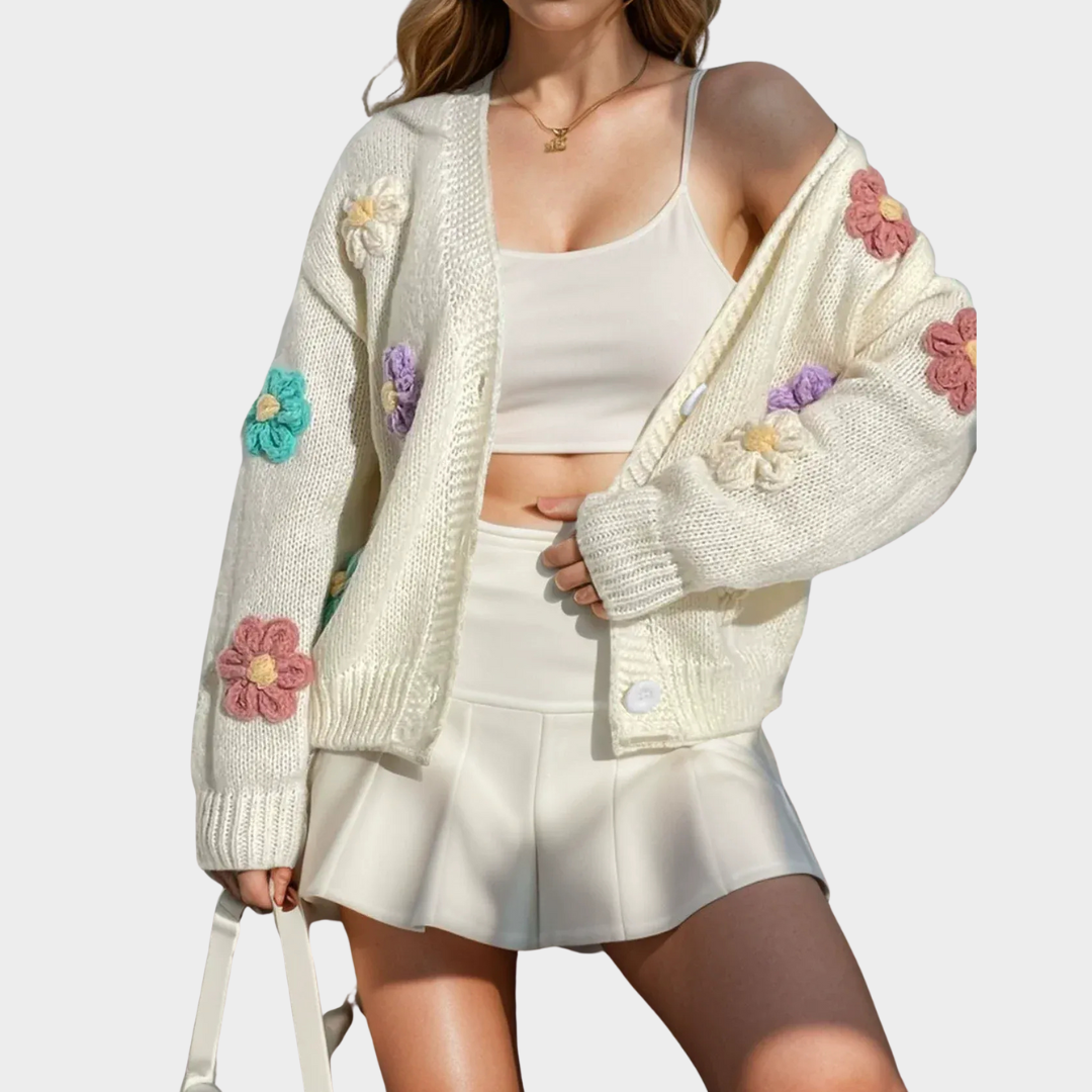 Women’s Knit Cardigan – Oversized Fit with Handmade Floral Accents and Button Front – Multiple Colours