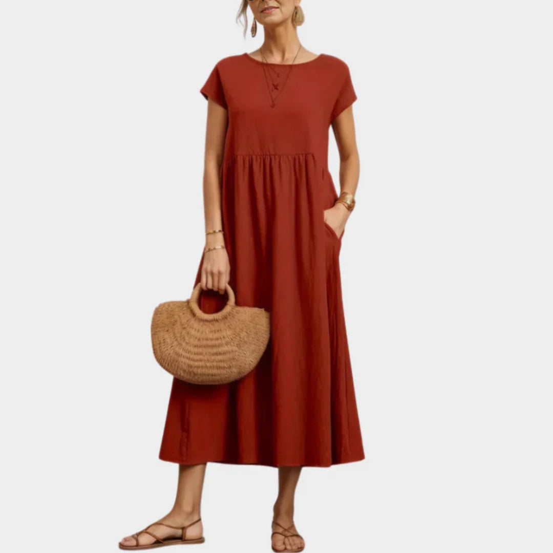 Women's Long Cotton-Linen Dress O-Neck Relaxed Fit Vintage Sun Dress - Multiple Colors