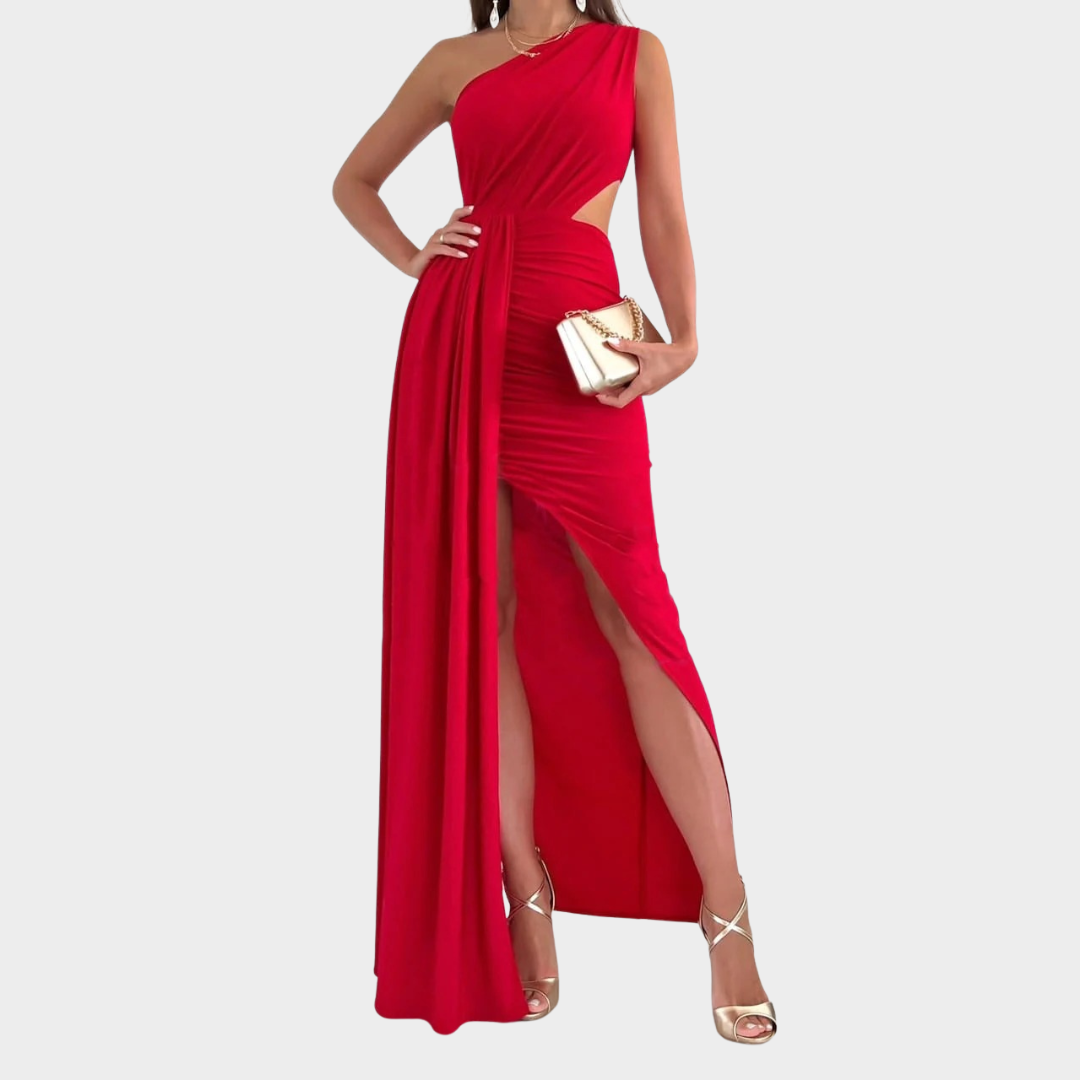 Women One Shoulder Evening Dress – Slim Fit – Draped Slit – Cut-Out Waist – Smooth Blend – Multiple Colours