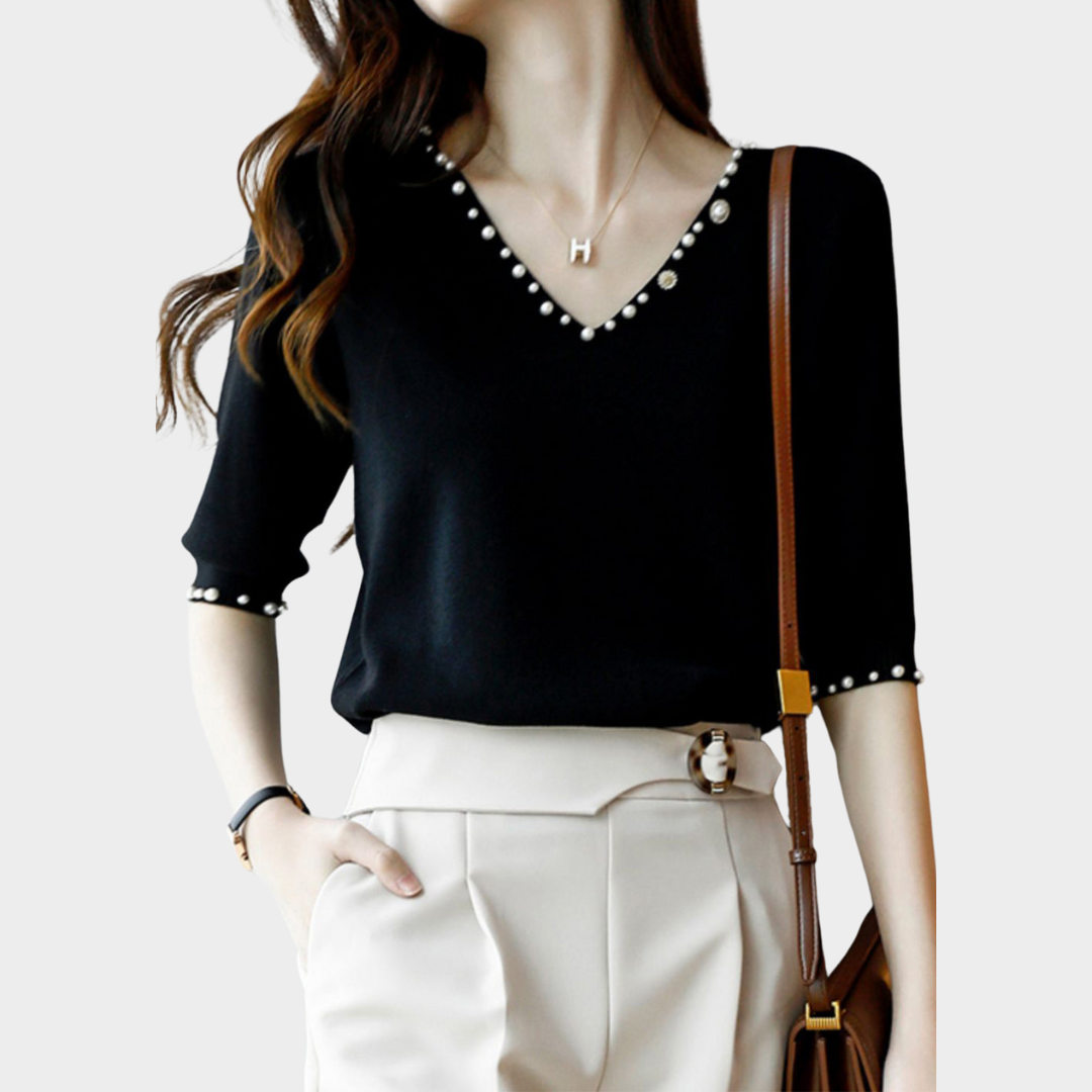 Women's V-Neck Short Sleeve Top – Ice Silk Knit – Elegant Fit – Black