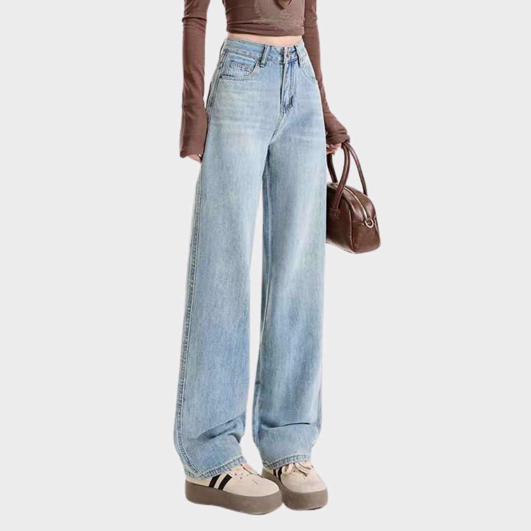 Women's Wide-Leg Jeans - Loose Fit Straight Denim Trousers - Casual Boyfriend Style - Blue