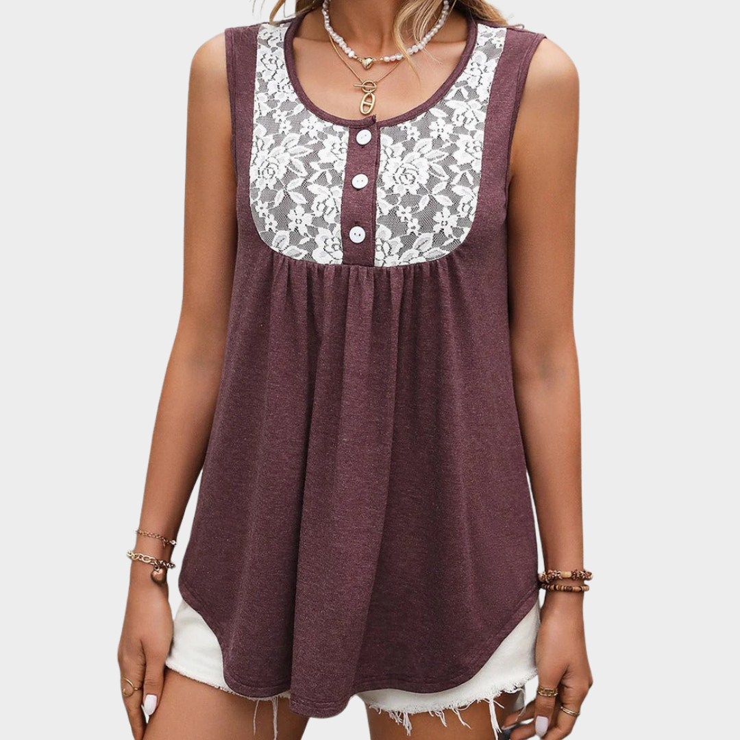 Women's Loose Sleeveless Tank Top – Lace Detail with Buttoned Front Casual Tunic Blouse – Multiple Colours