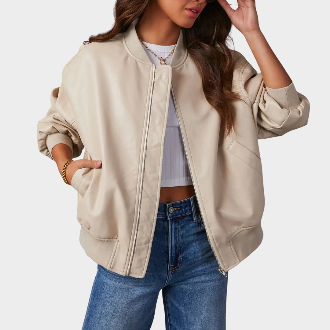 Women’s Relaxed Fit Bomber Jacket – Leather Look Zip Front Outerwear with Ribbed Trim – Multiple Colours