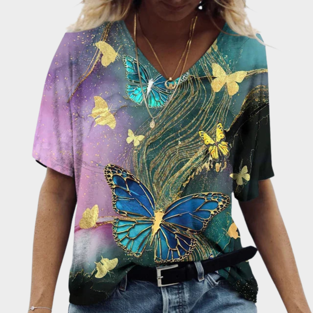 Women’s V-Neck Short Sleeve T-Shirt – Casual Butterfly Print Top – Relaxed Fit Everyday Style – Multiple Colours