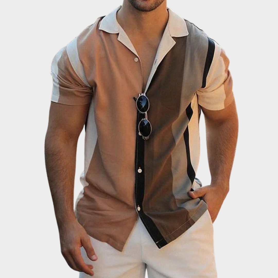 Men Shirt – Regular Fit Short Sleeve Button-Up – Breathable Blend Geometric Print – Brown