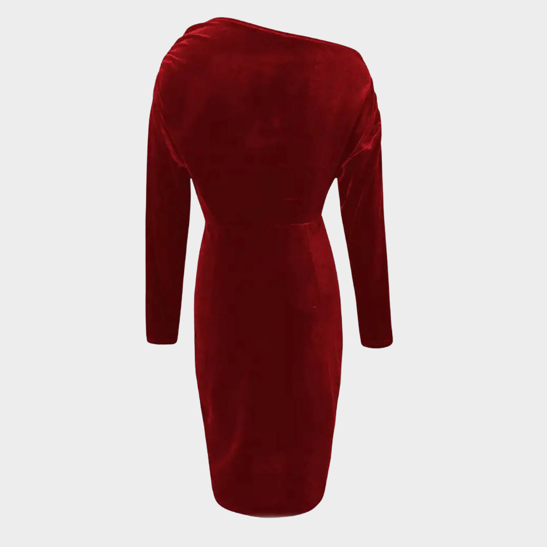 Women’s Velvet Off-Shoulder Bodycon Dress – Long Sleeve Slim Fit Knee-Length Elegant Evening Party Wear – Red