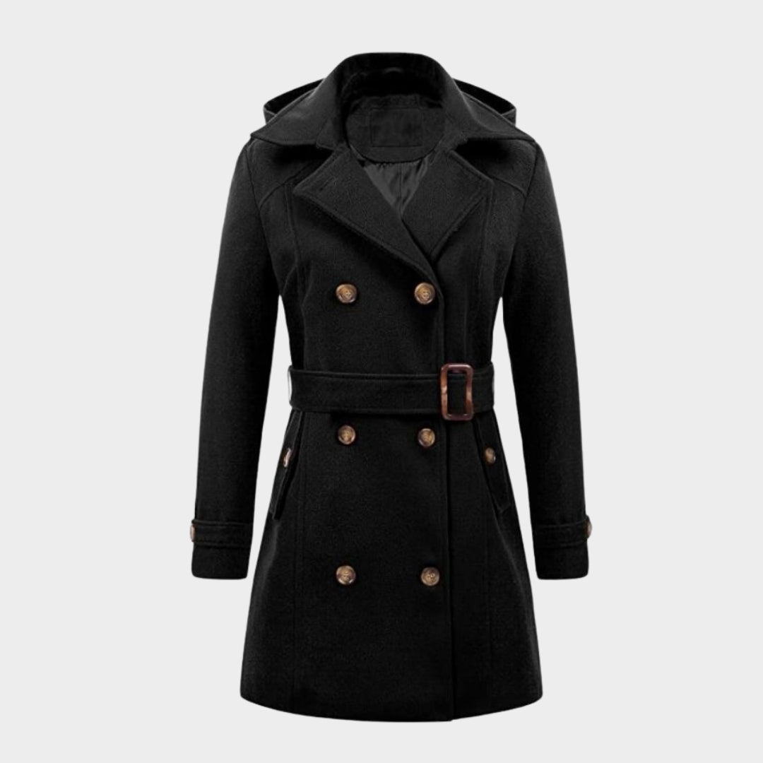 Women's Hooded Double-Breasted Overcoat – Mid-Length, Woolen Lapel Collar, Winter Coat, Black, Army Green, Camel