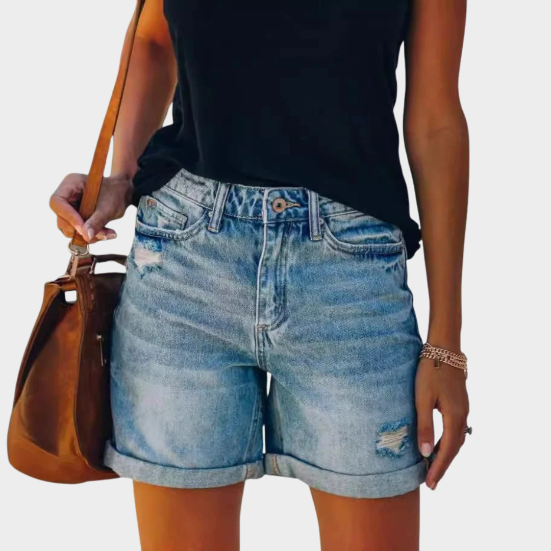 Women’s Relaxed Fit Rolled Hem Shorts – Straight Cut – Breathable Comfortable Fabric – Blue
