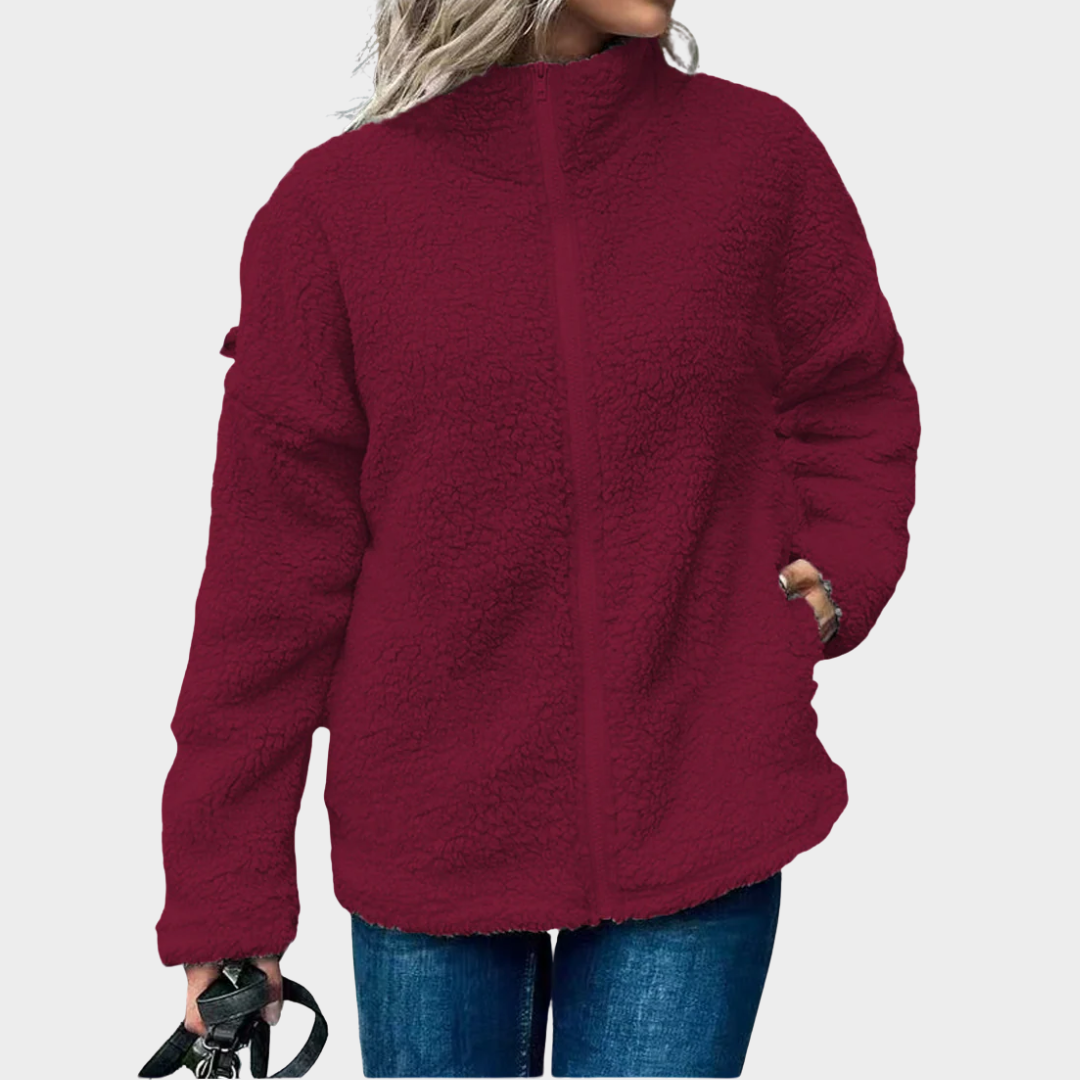 Women’s Oversized Fleece Coat – Wool Blend Casual Jacket with Stand Collar and Zip Front – Multiple Colours