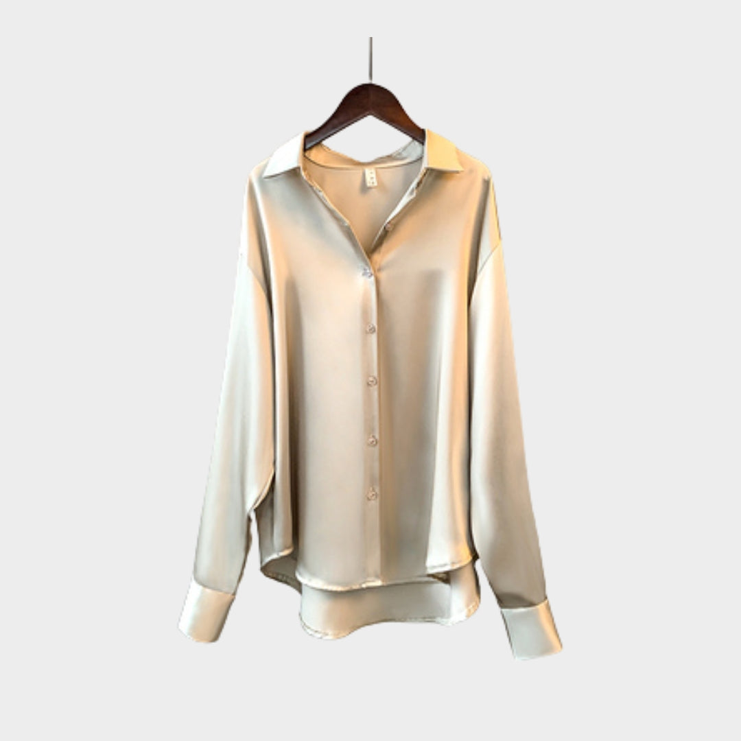 Women’s Satin Long Sleeve Blouse - Elegant Korean Style Overshirt, Luxury Designer Blouse, White, Green, Black, Champagne
