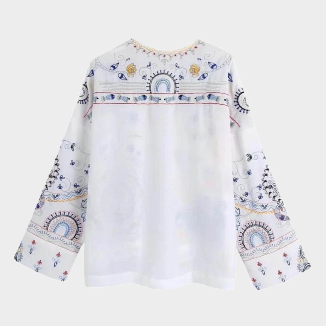 Women's Embroidered V-Neck Blouse – Vintage Boho Style – Slim Fit – White