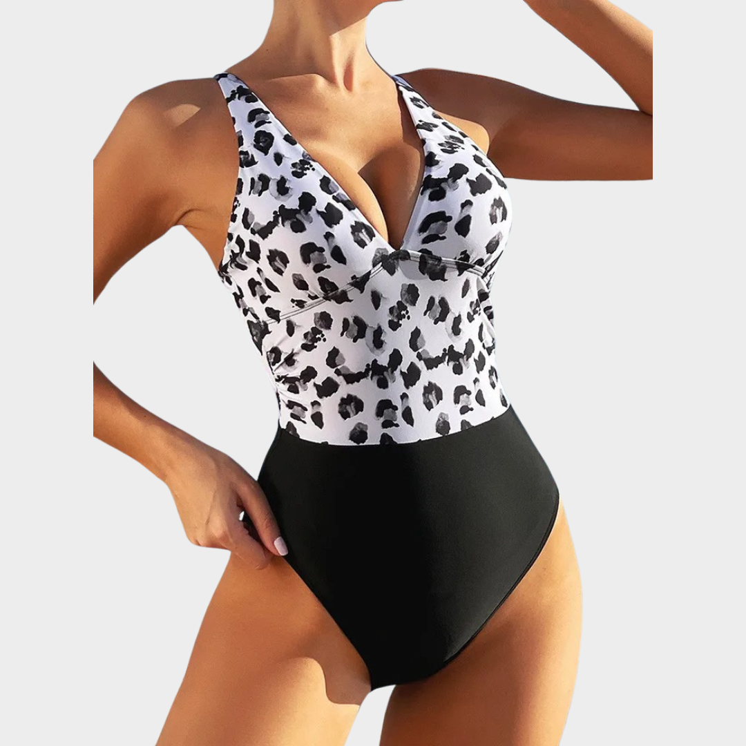 Women One Piece Swimsuit – Strapped Push-Up Monokini with Print Patchwork and Backless Fit – Black and White