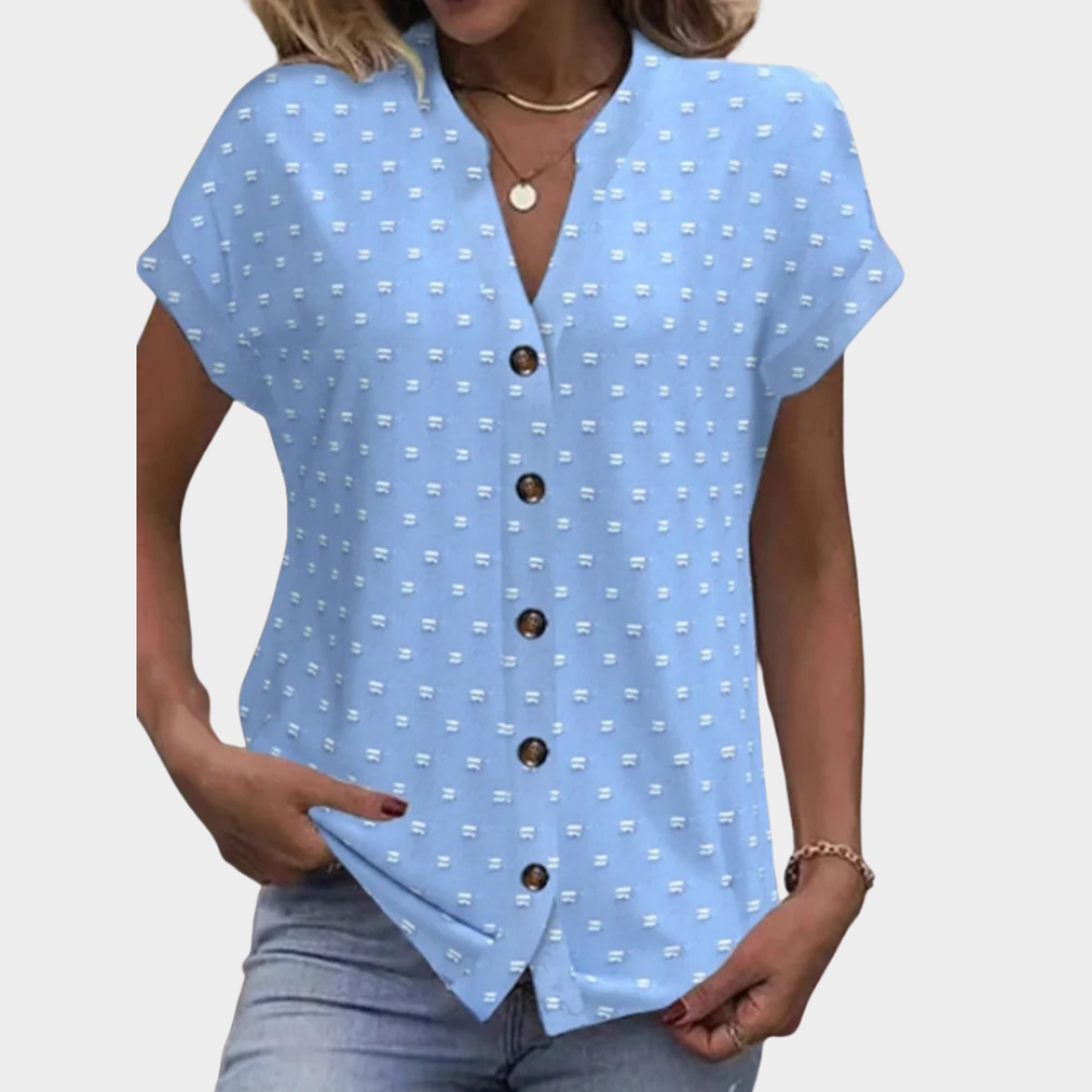Women's Jacquard Short Sleeve Blouse – Elegant Button Front V-Neck Casual Top – Blue