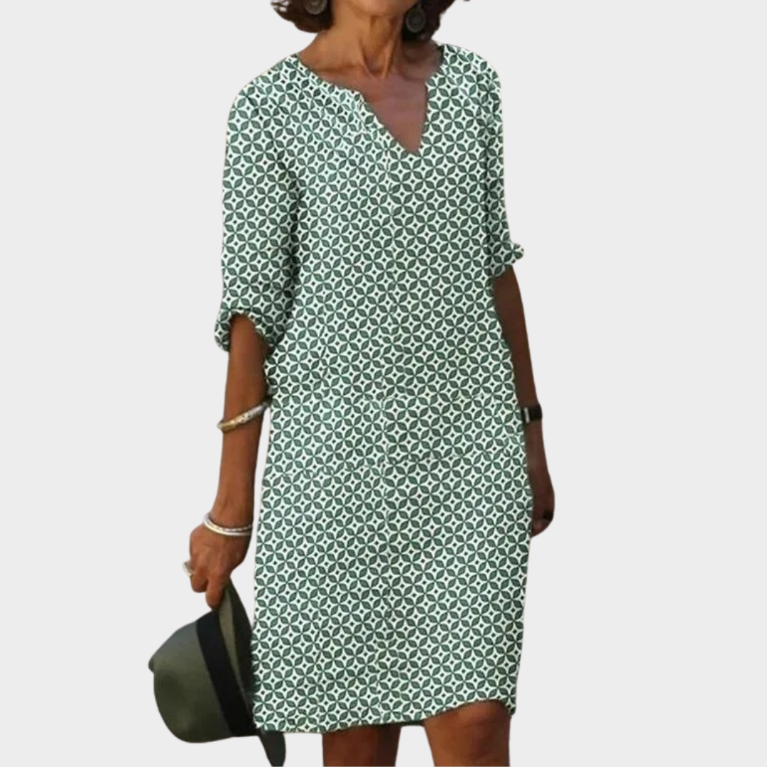 Women’s V-Neck Dress – Floral Print – Medium Long Sleeve – Holiday Beach Style – Lightweight Comfortable Fit – Green