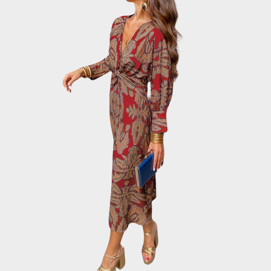 Women's Retro Printed Midi Dress – Elegant Round Neck Long Sleeve Party Dress – Multiple Colours