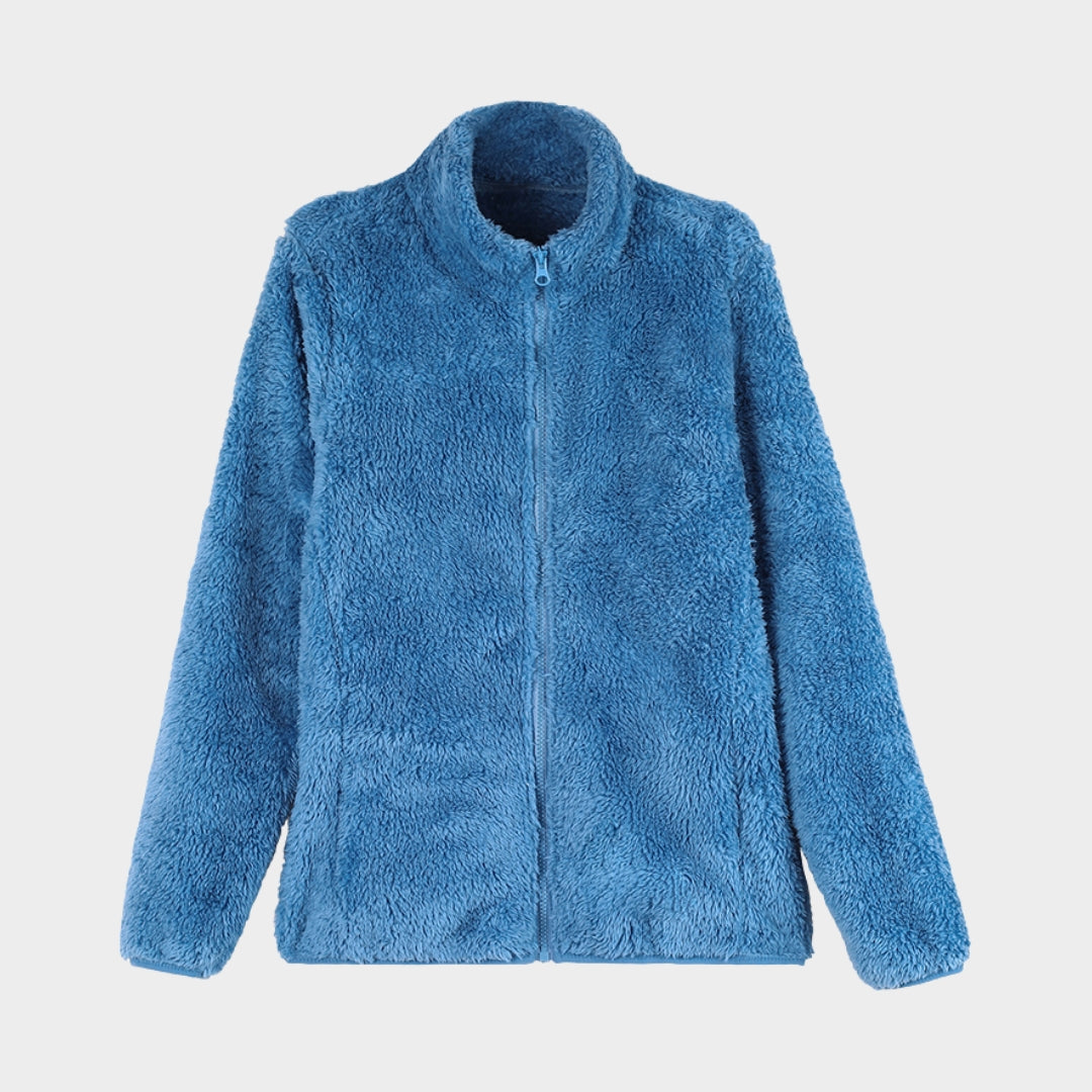 Women's Winter Thickened Double-Sided Fleece Coat – Stand Collar, Warm Cardigan Jacket, Black, Blue