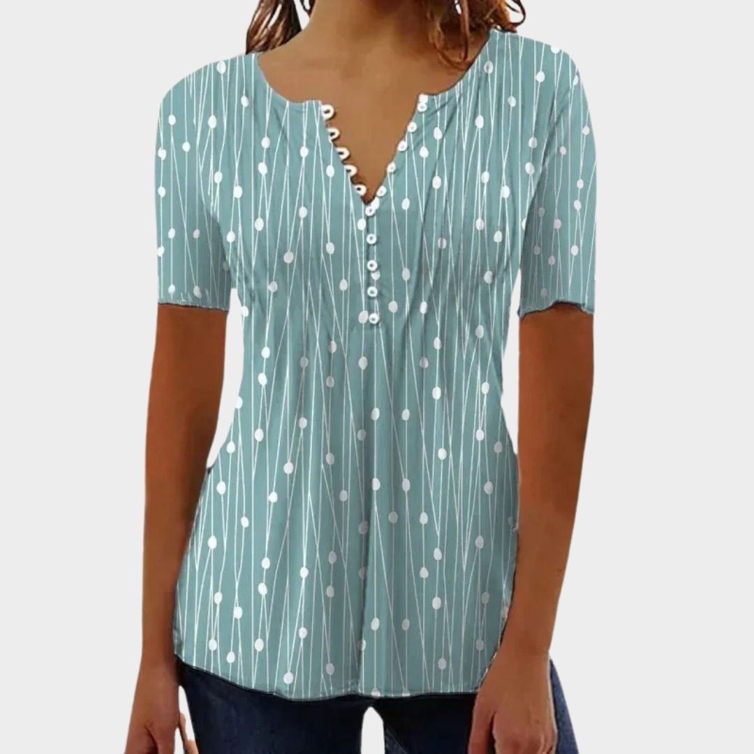 Women’s Polka Dot V-Neck Blouse – Short Sleeve Relaxed Fit Top – Lightweight Cotton-Polyester – Multiple Colours