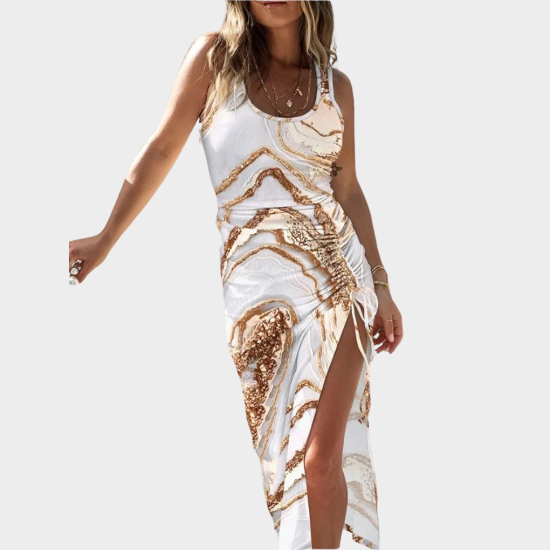 Women Sleeveless Tank Dress – Bodycon Fit – O-Neck – Midi Length – Drawstring Detail – Floral Print – Multiple Colours