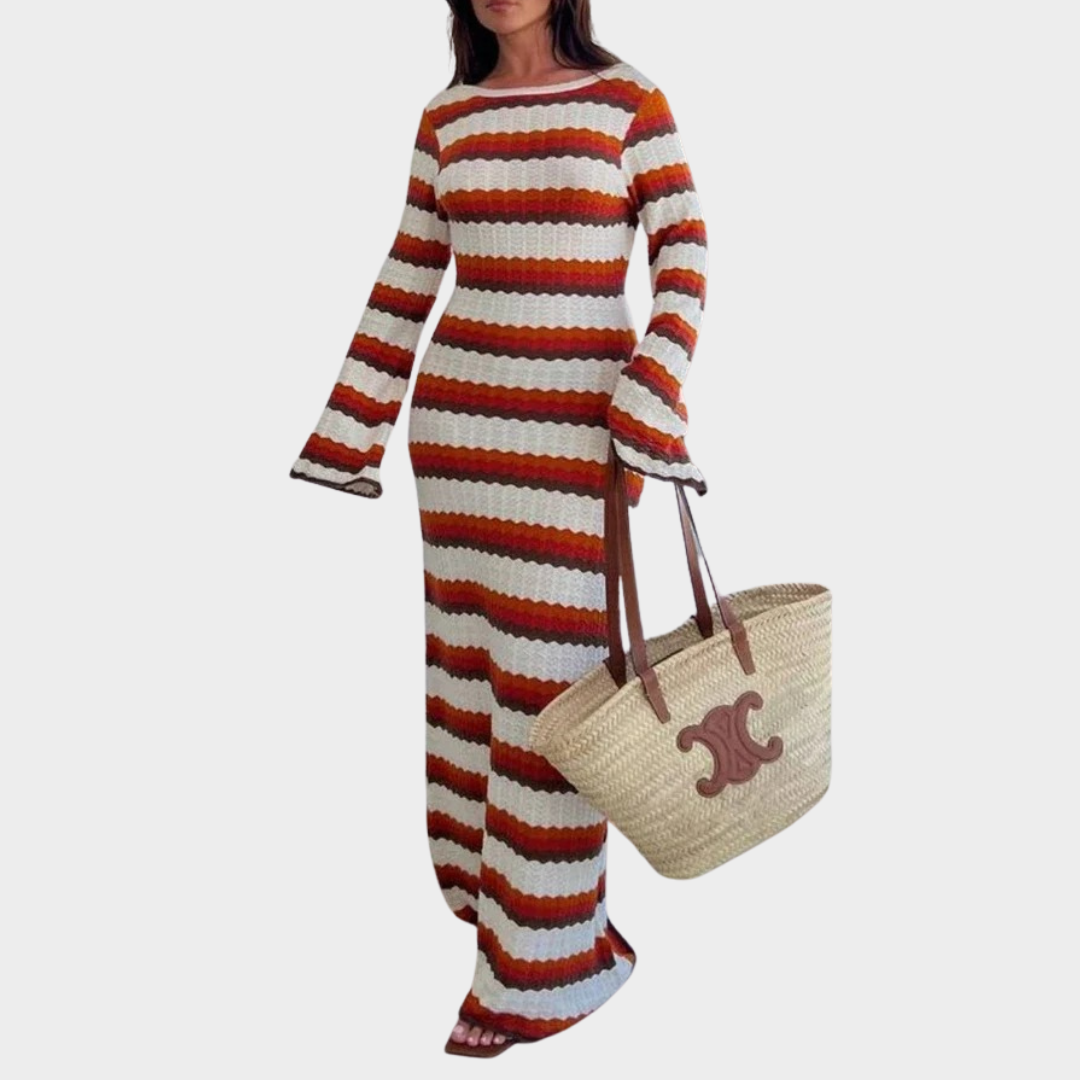 Women's Knit Maxi Dress – Hollow Out – Striped Contrast – Long Sleeve – High Waist – Red
