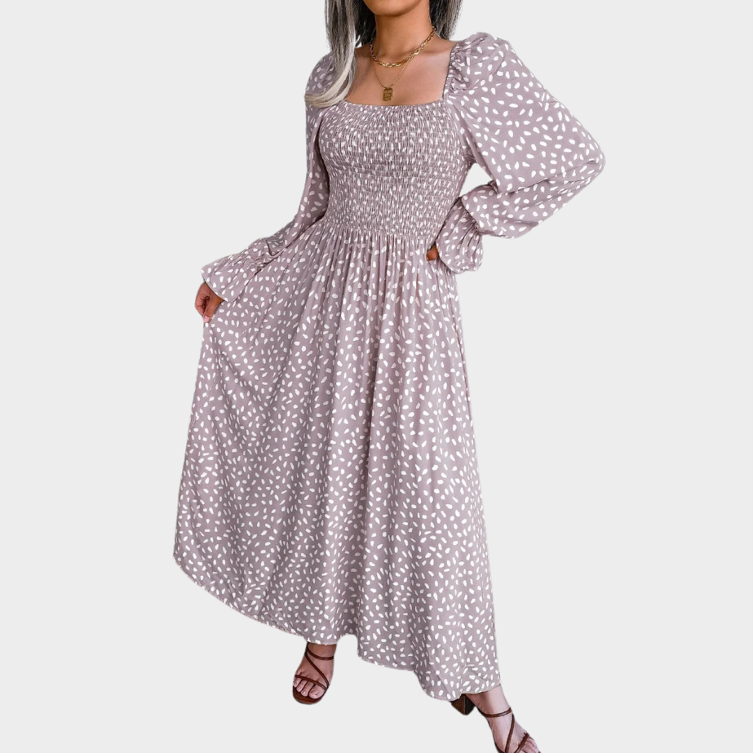 Women’s Cotton Long Sleeve Dress – Square Neck with Trumpet Sleeves and Pleated Skirt – Relaxed Fit Lightweight Holiday Style – Multiple Colours