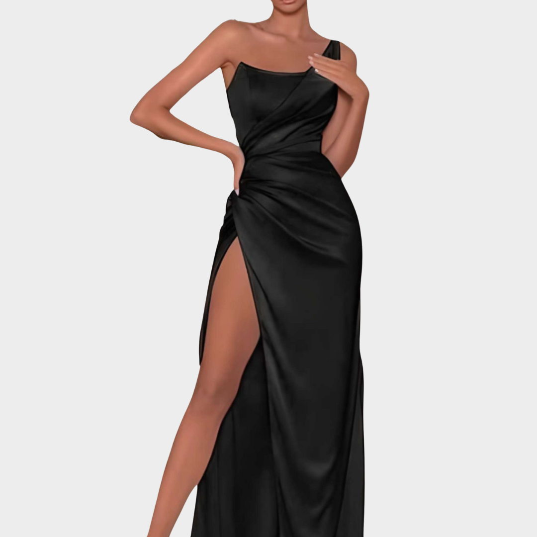 Women's One-Shoulder Satin Ruched Formal Dress – Elegant & Backless – Long with Split – Multiple Colours