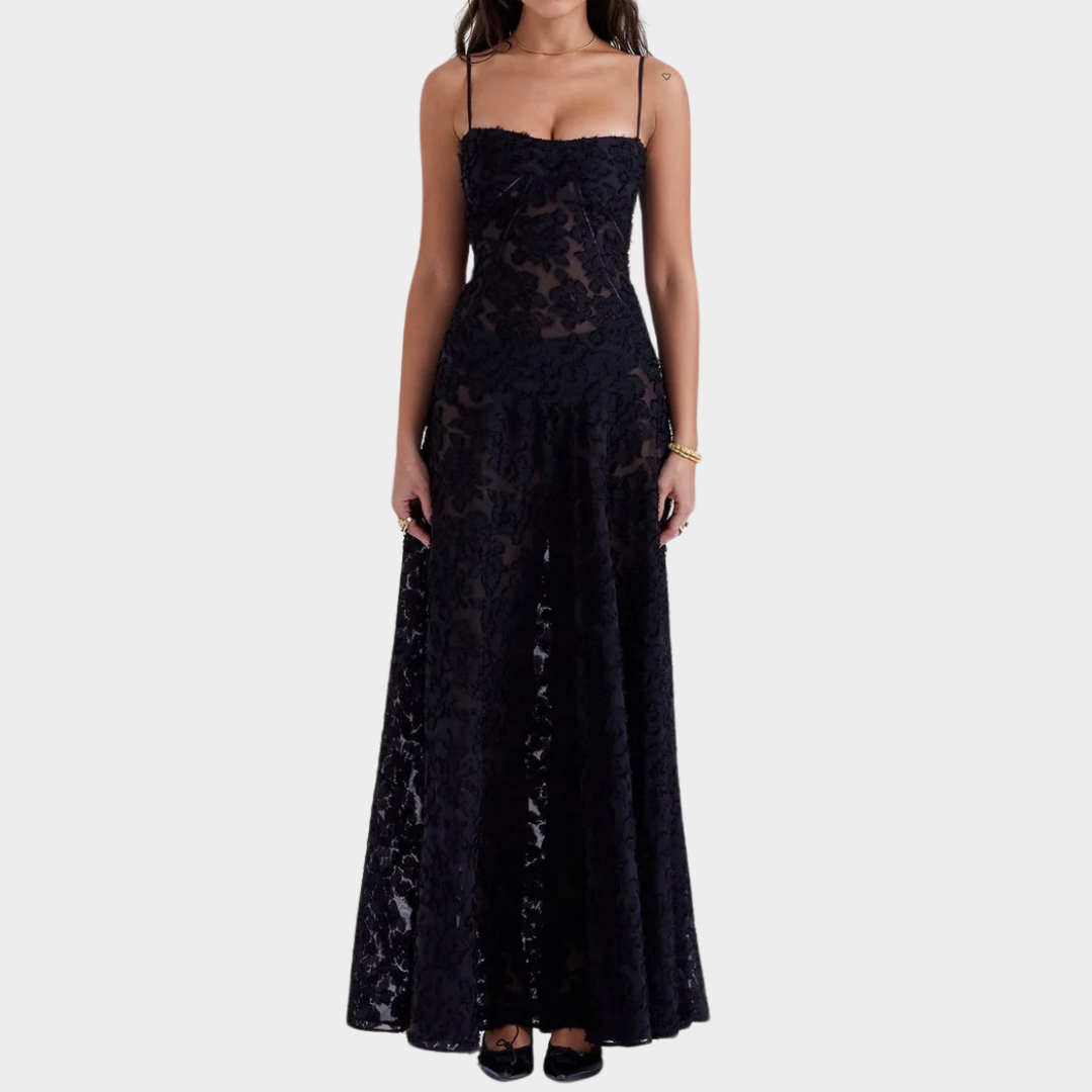 Women’s Formal Maxi Dress – Spaghetti Strap Embroidered Mesh Overlay – Elegant Fit for Events – Sheer Detailing – Multiple Colours