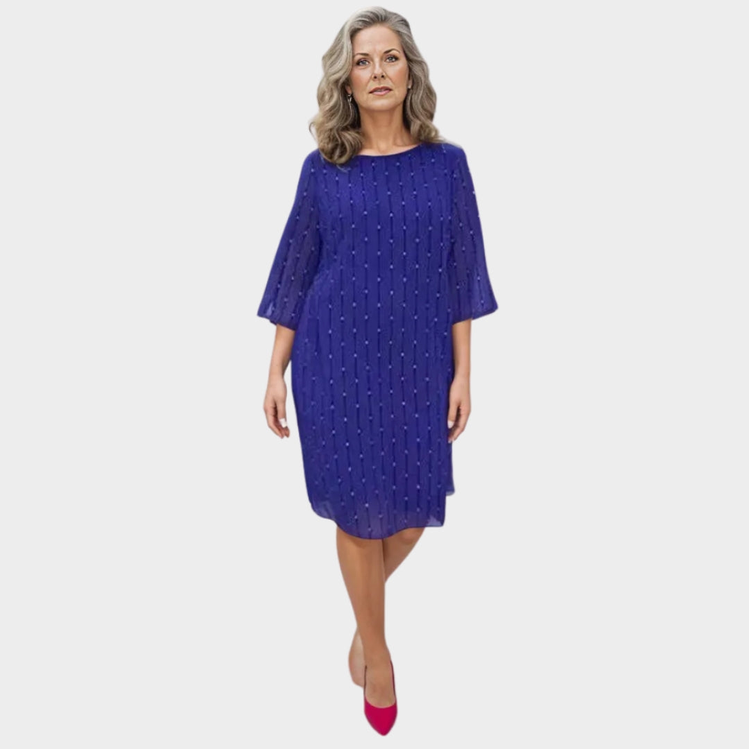 Elegant Women's Midi Dress – Long Sleeves, Subtle Diamond Details, Refined Party Look, Blue & Green