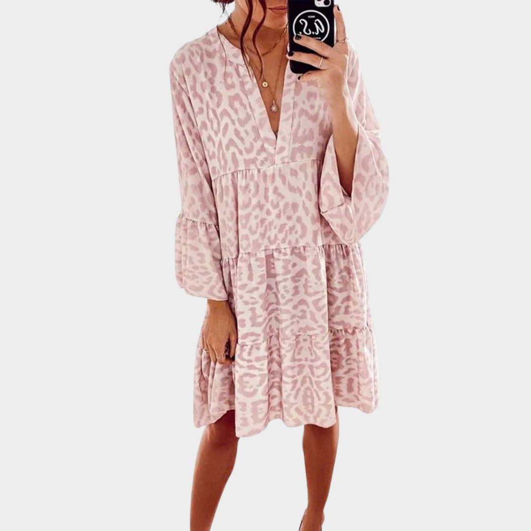 Women's Leopard Print Dress – Loose Fit – V-Neck – Short Sleeves – Lightweight Fabric – Pink