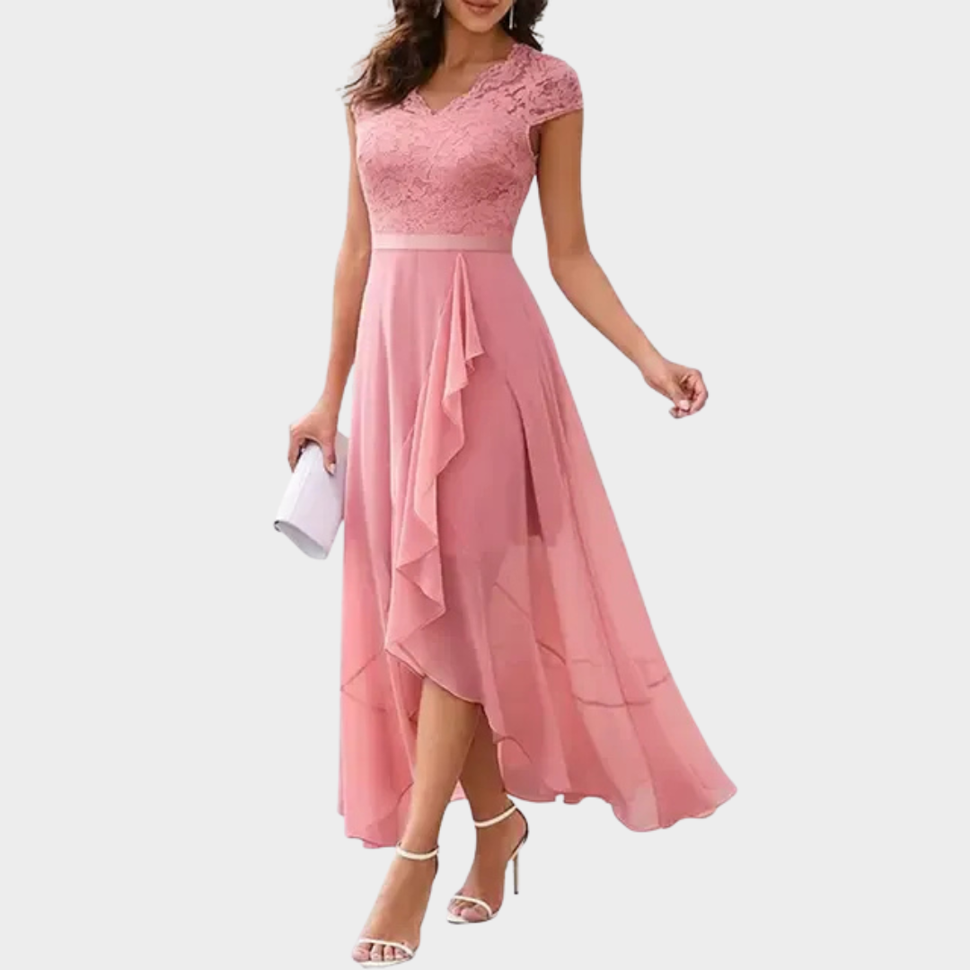 Women Elegant Maxi Dress – High Waist Round Neck Lace Chiffon Formal Fit – Multiple Colours