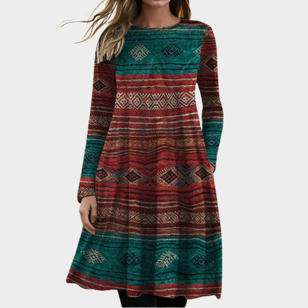 Women's Boho Print A-Line Midi Dress – Long Sleeve Cotton Blend Casual Fit – Multicolour