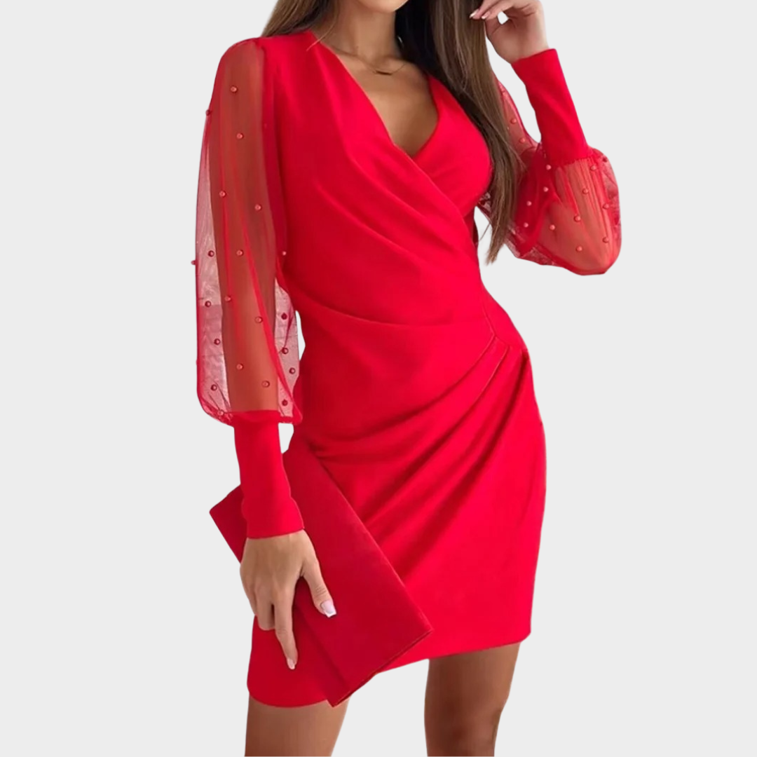 Women's Elegant Long Sleeve Pencil Dress – V-Neck Lace Patchwork Hollow Out Design – Pleated Slim Fit Dress – Multiple Colours