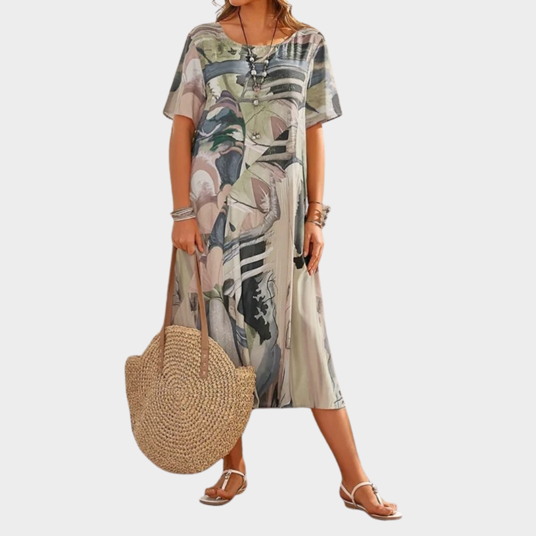 Women Art Print Loose Dress – Round Neck Short Sleeve Pullover Fit Casual Vintage Rope Style – Multiple Colours