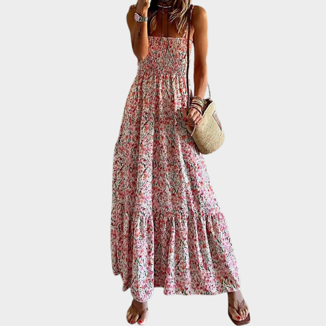 Women A-line Long Sundress – Sleeveless Ruched Spaghetti Strap Fit with Floral Print and Slash Neck – Lightweight Fabric – Pink