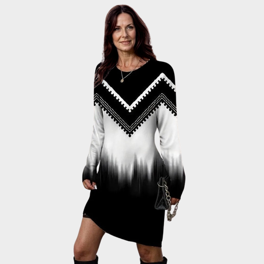 Vintage Print Women’s Dresses – Casual O-neck Long Sleeve Loose Fit Dresses, Black/White, Green/White, Blue/White