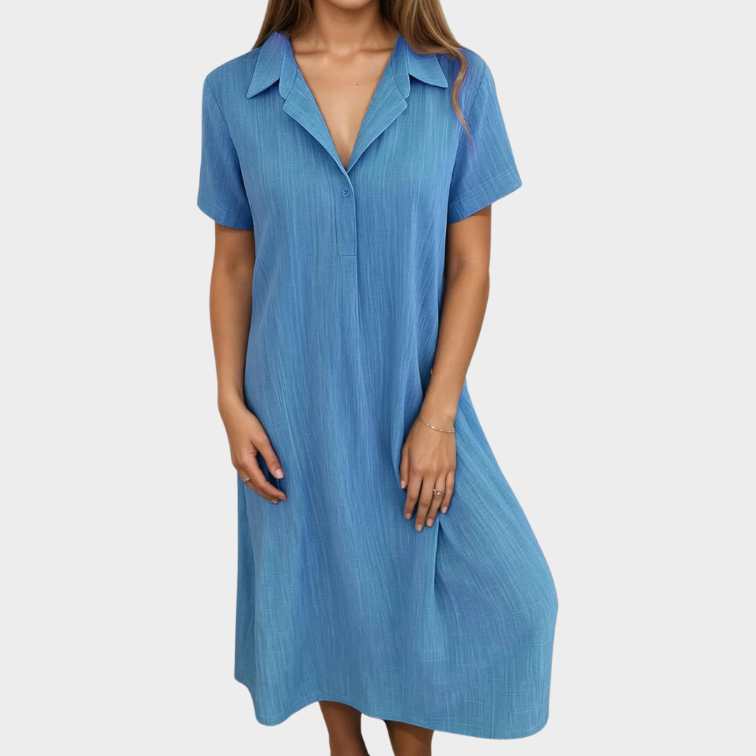 Women's Solid V-Neck Shirt Dress – Short Sleeve Button Detail – Loose Pullover Fit – Cotton-Polyester Blend – Multiple Colours
