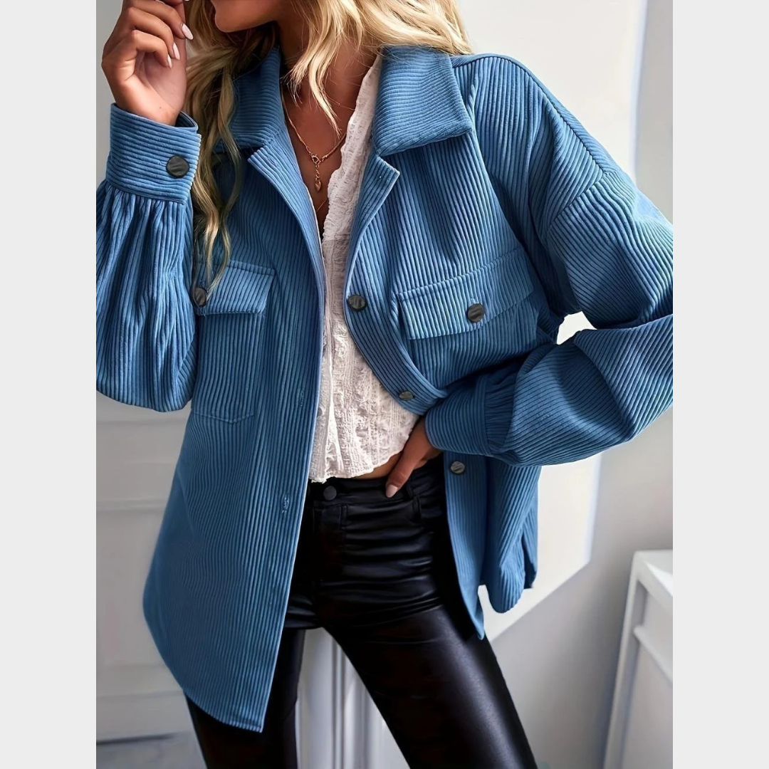 Women's Ribbed Texture Relaxed Fit Shawl Collar Jacket – Button Front Casual Outerwear – Blue