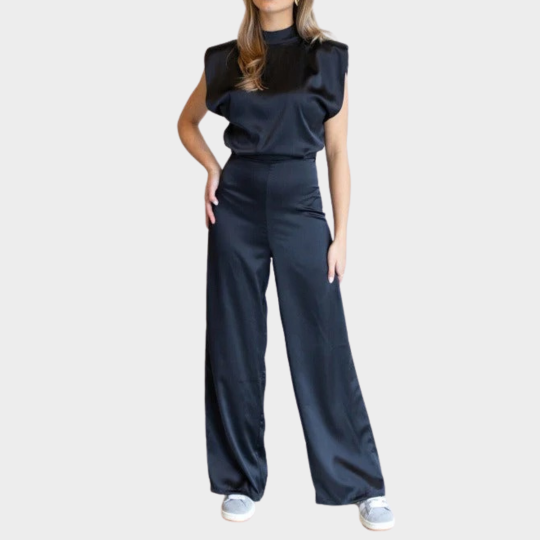 Women Jumpsuit – Round Neck Sleeveless Satin Shirt Style with Backless Hollow Trouser Design – Multiple Colours