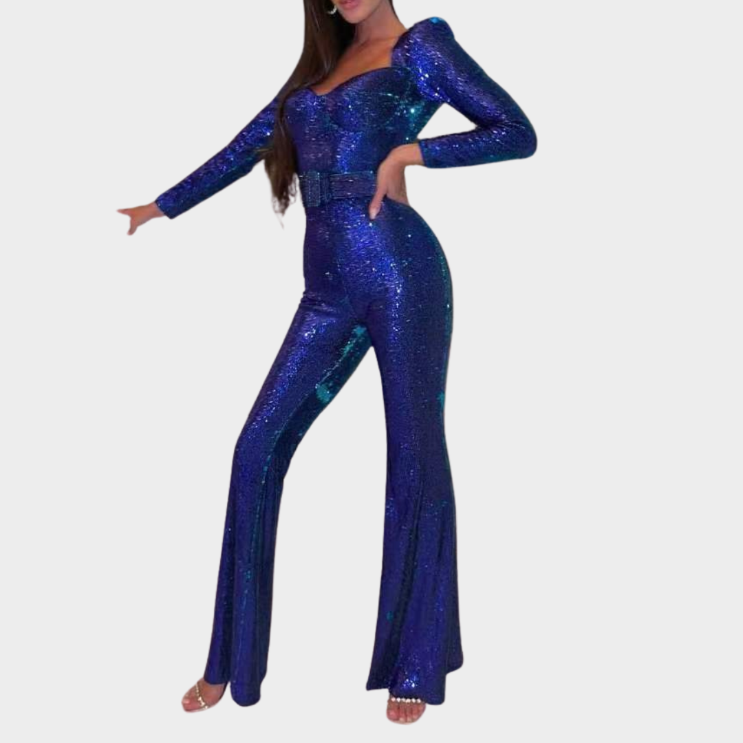Women's Evening Jumpsuit – Long Sleeve – Belted Waist – Sequined Fashion – Elegant Design – Multiple Colours