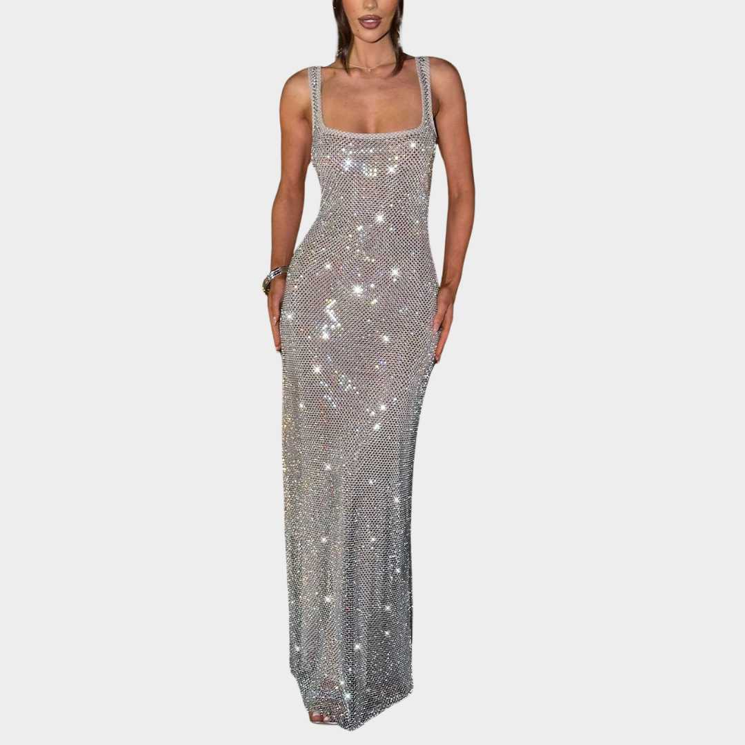 Women Petra Maxi Dress – Elegant Evening Long Dress with Rhinestone Embellished Stretch Net and Square Neckline – Multiple Colours