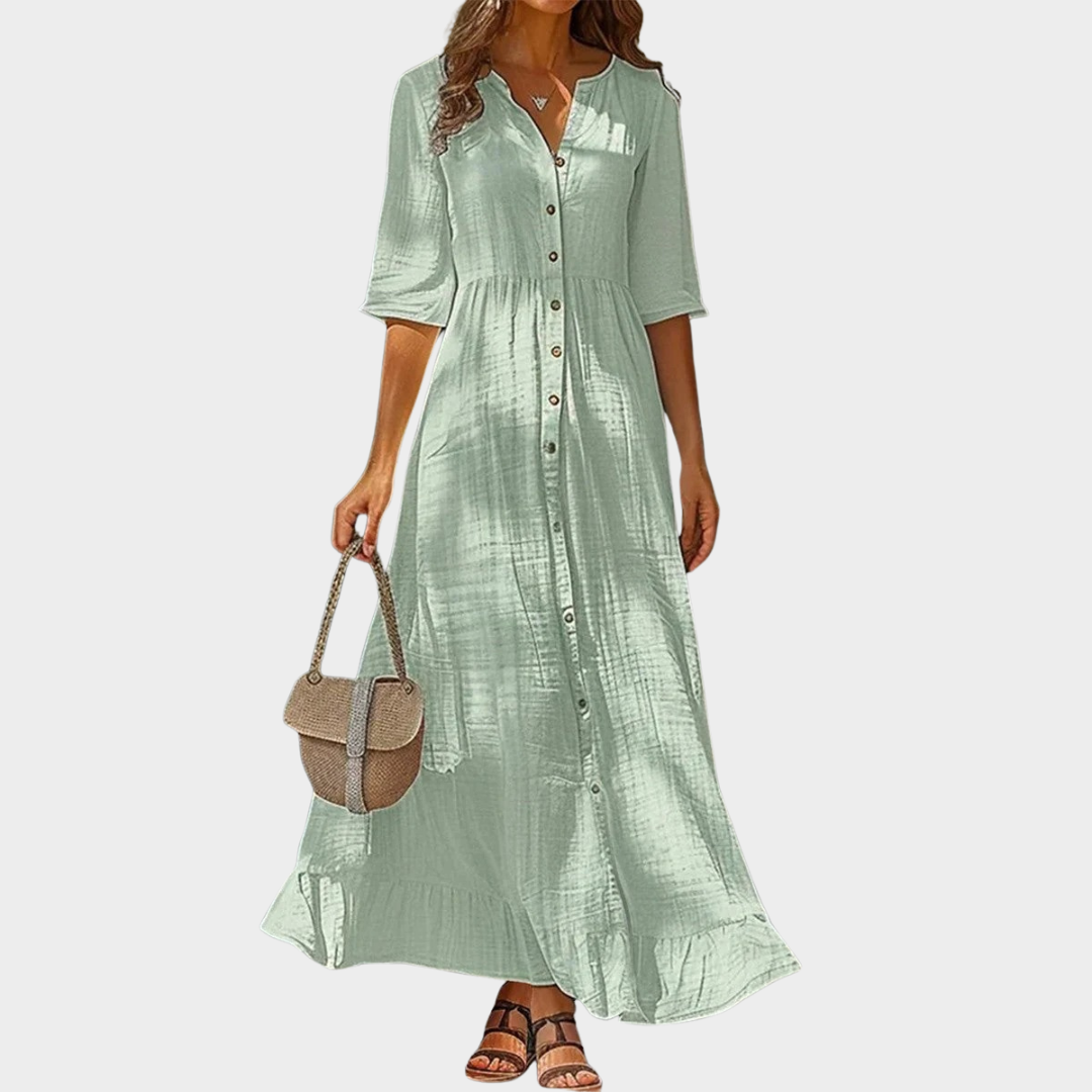 Women’s Midi Dress – Relaxed Fit – Button Front – Half Sleeve – Breathable Fibre Blend – Green