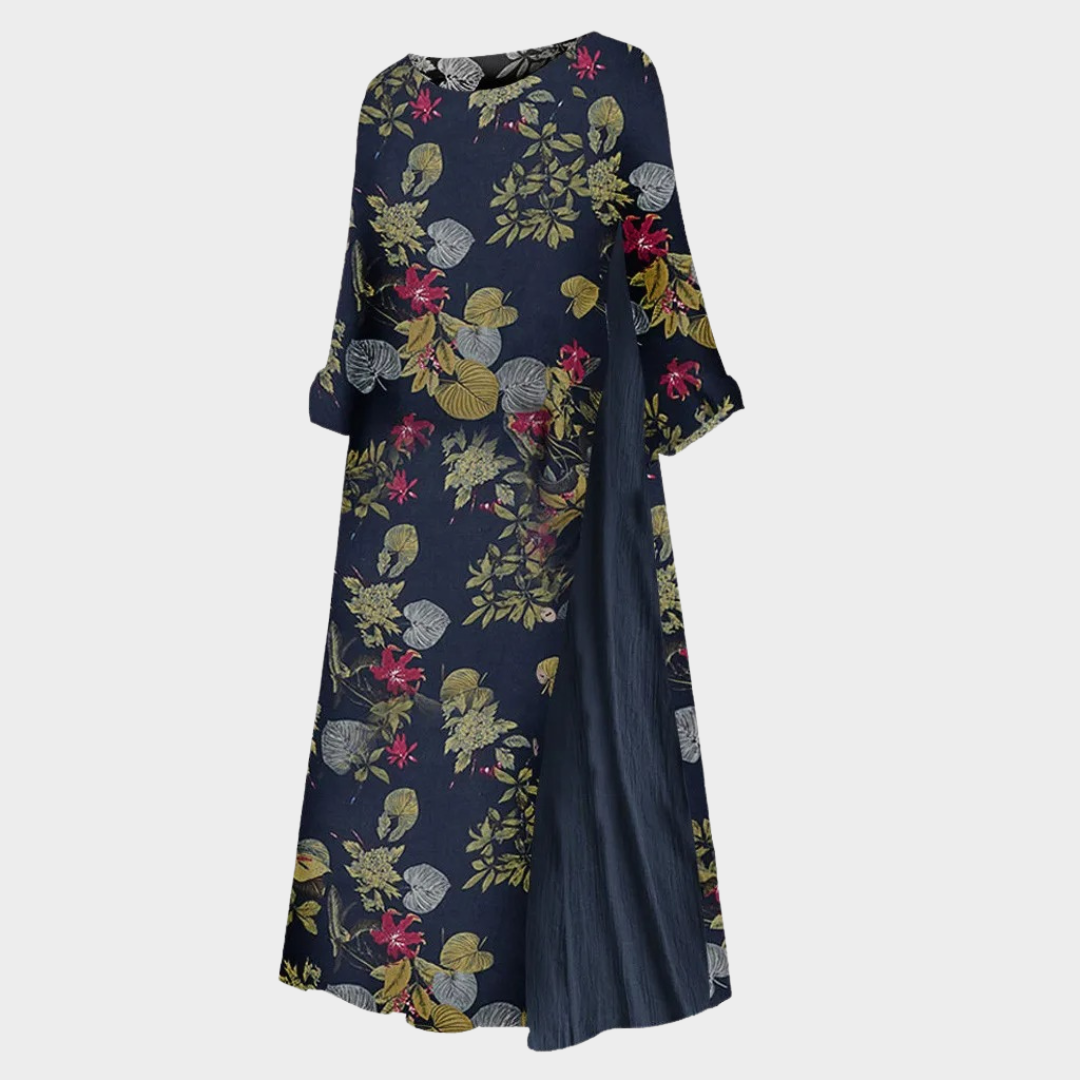 Women's Floral Print A-Line Dress – High Split – Half Sleeve – Navy Blue