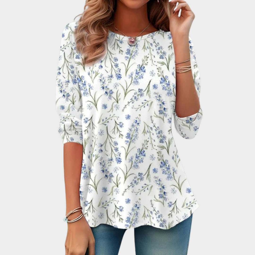 Women's Vintage Floral Print T-Shirt – Long Sleeve Round Neck Cotton Polyester Top – White