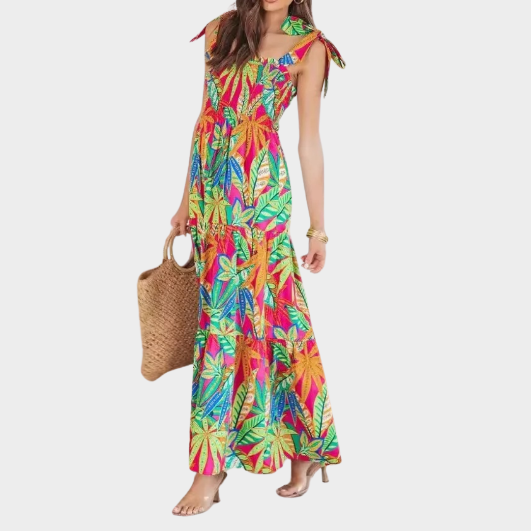 Women’s Elegant Printed Tank Dress – Belted A-Line Midi Dress – Lightweight Fabric – Multicolour
