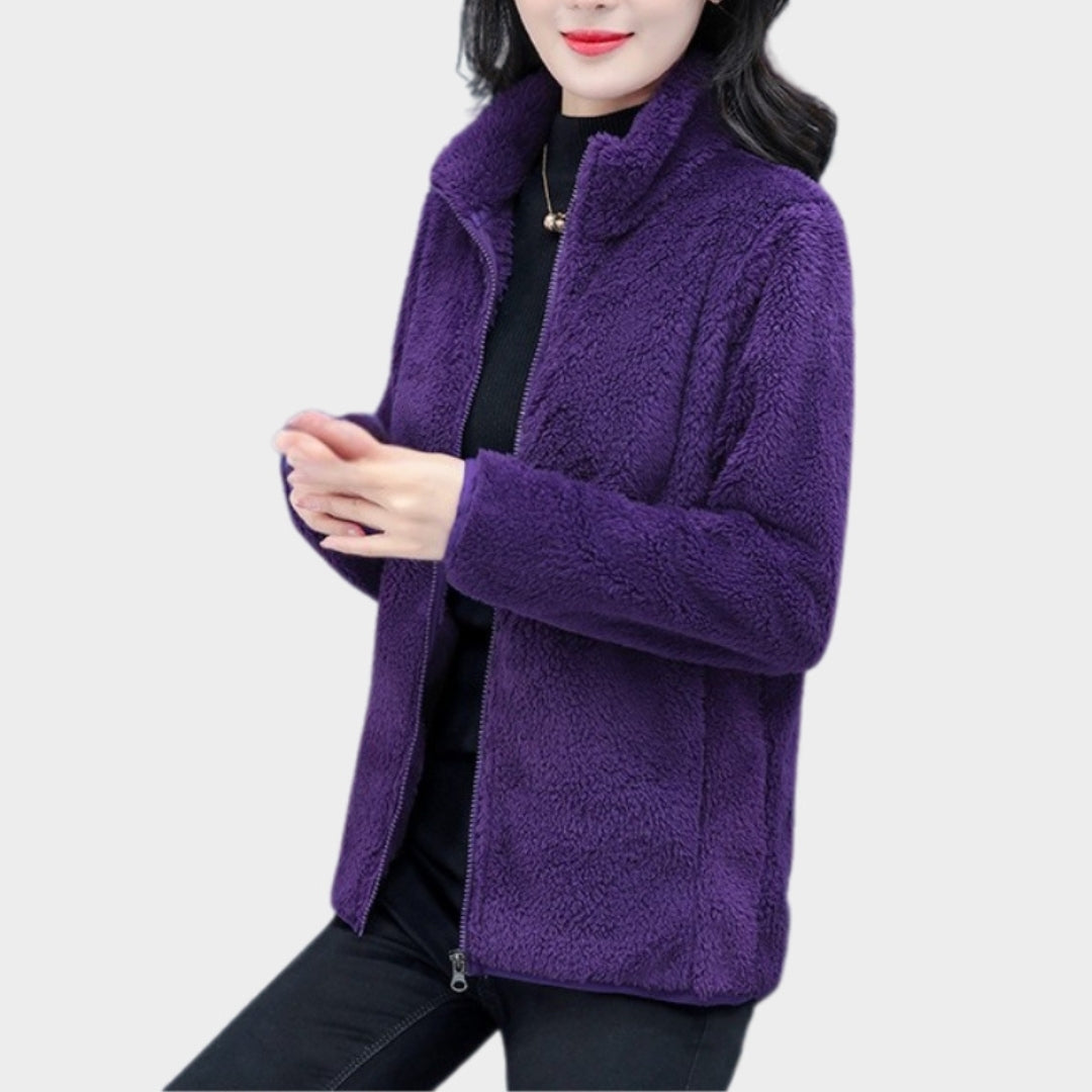 Women's Winter Thickened Double-Sided Fleece Coat – Stand Collar, Warm Cardigan Jacket, Black, Blue