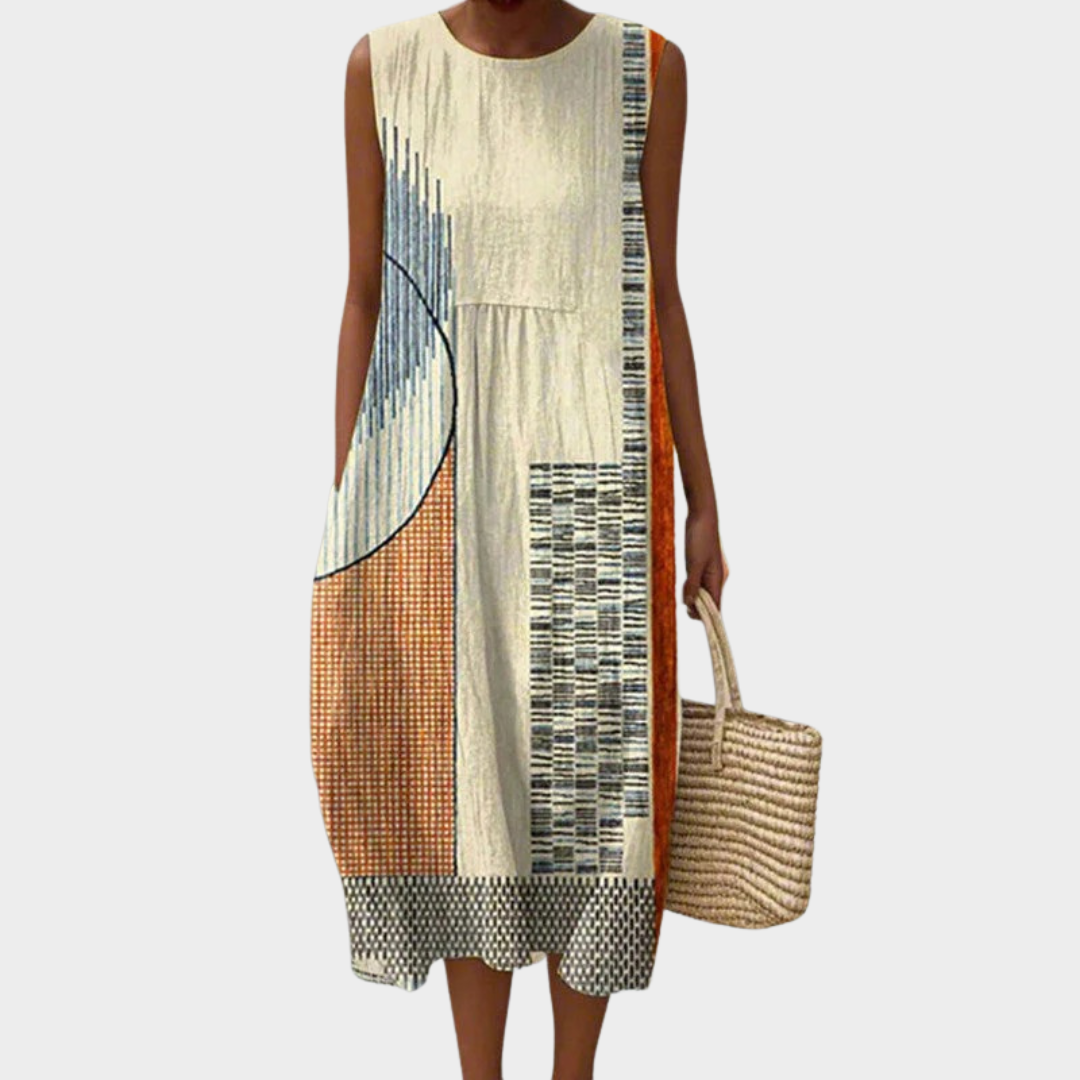 Women's Vintage Casual Dress – Sleeveless Mid-Calf Cotton Polyester Printed Style with Pockets – Beige